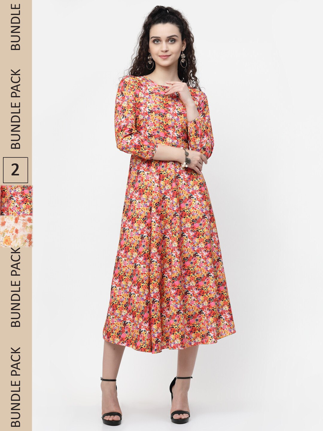 

MISS AYSE Orange Floral Printed Tie-Up Neck Georgette Midi Dress