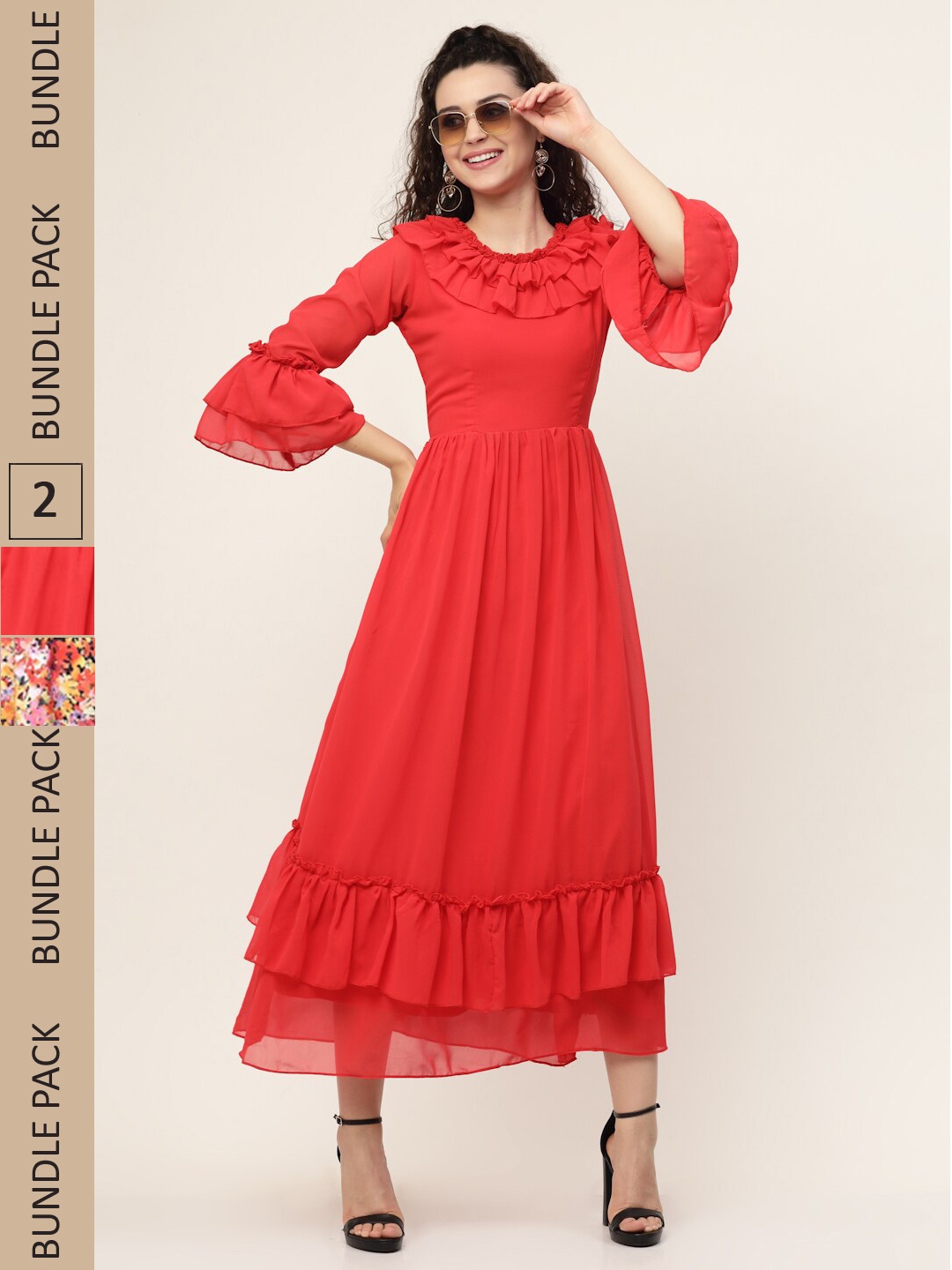 

MISS AYSE Red & Orange Georgette Maxi Maxi Dress