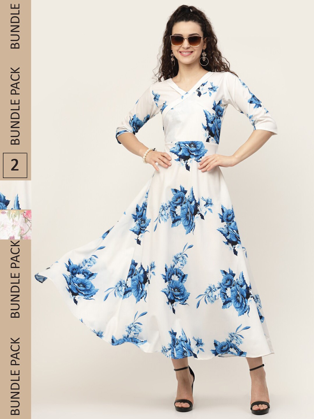 

MISS AYSE White & Off White Floral Printed Tie-Up Neck Georgette Maxi Maxi Dress