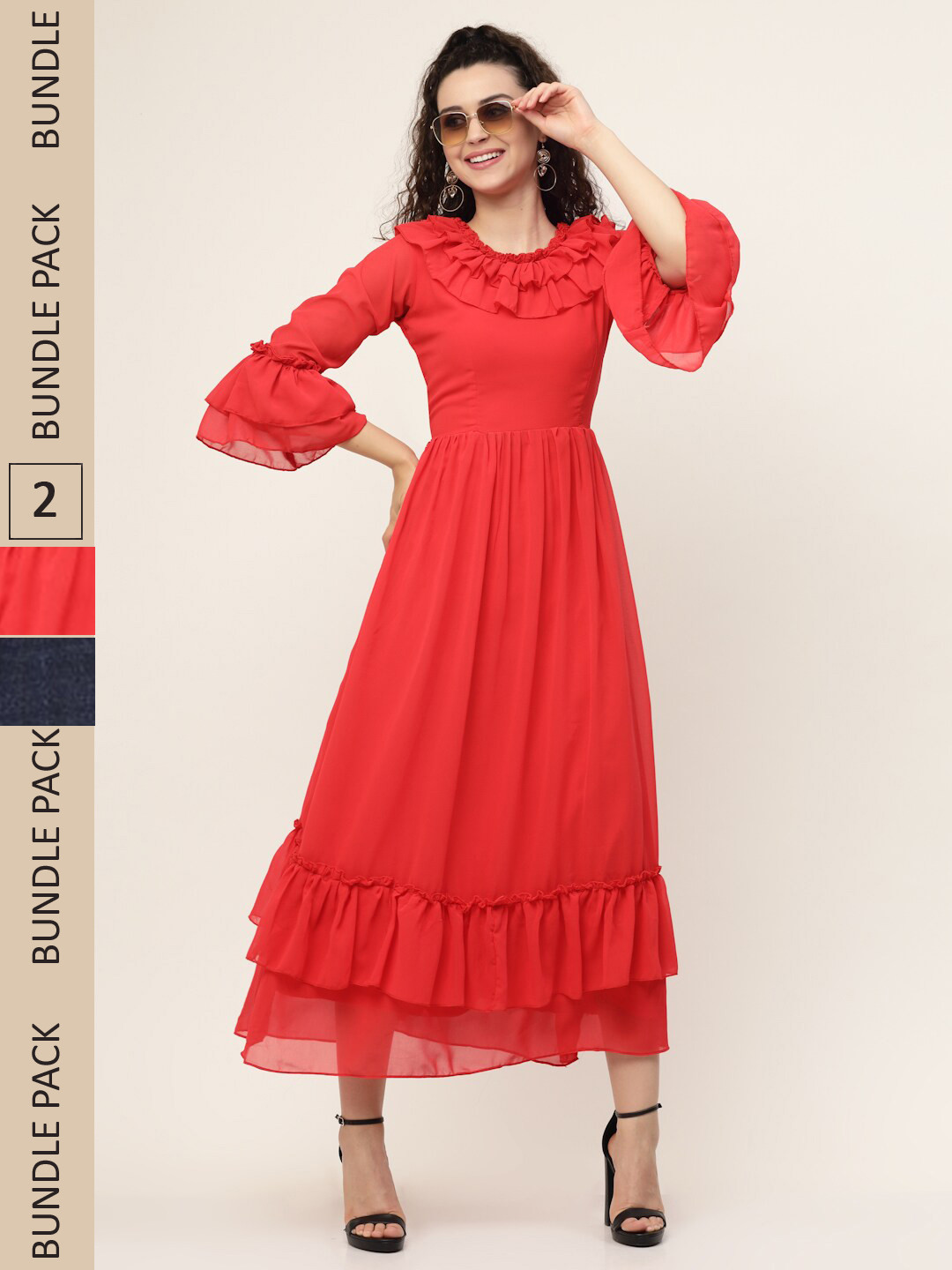 

MISS AYSE Red & Navy Blue Pack Of 2 Striped Georgette Maxi Dress