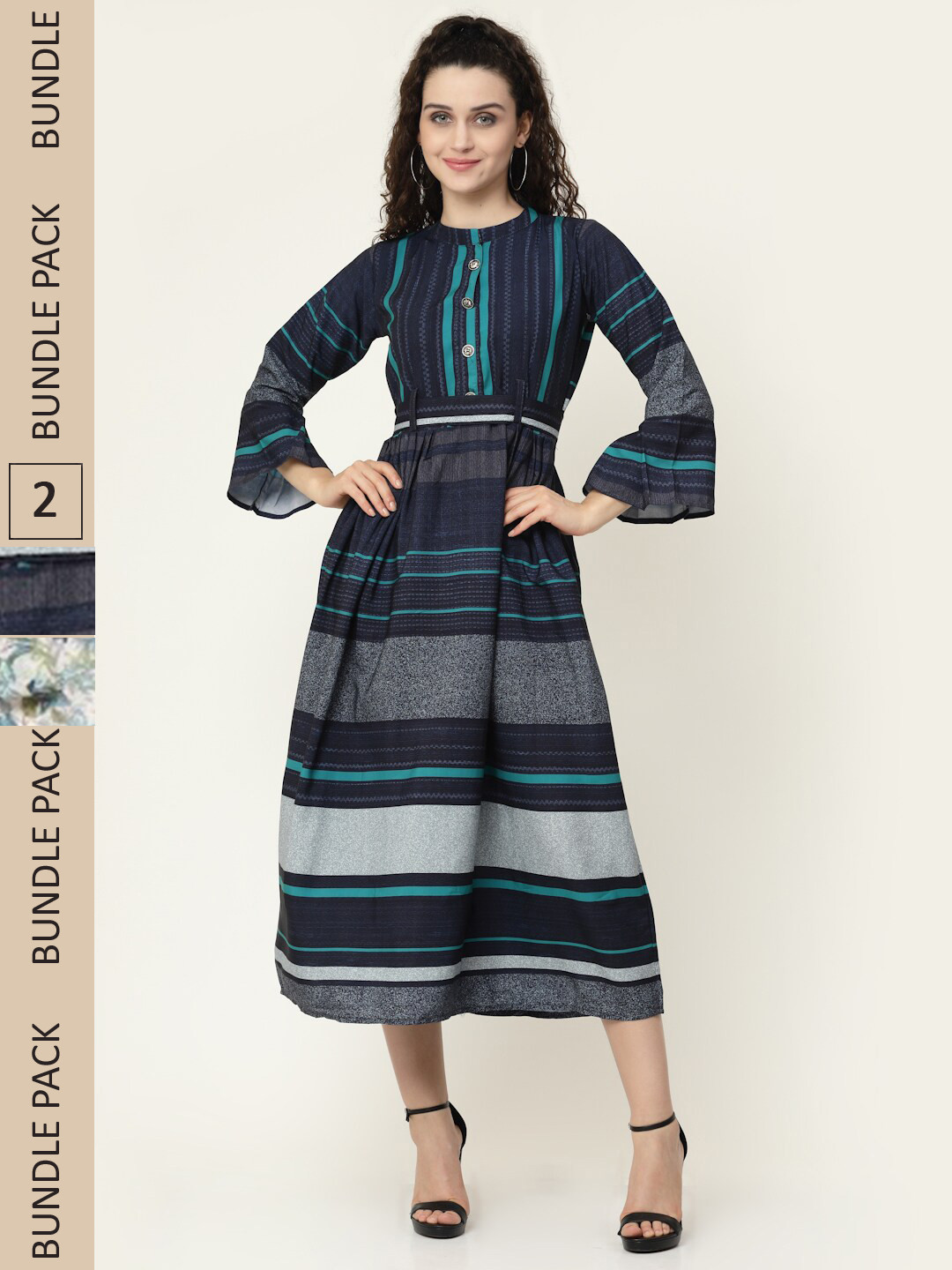 

MISS AYSE Navy Blue & Off White Pack Of 2 Striped Tie-Up Neck Georgette Midi Dress