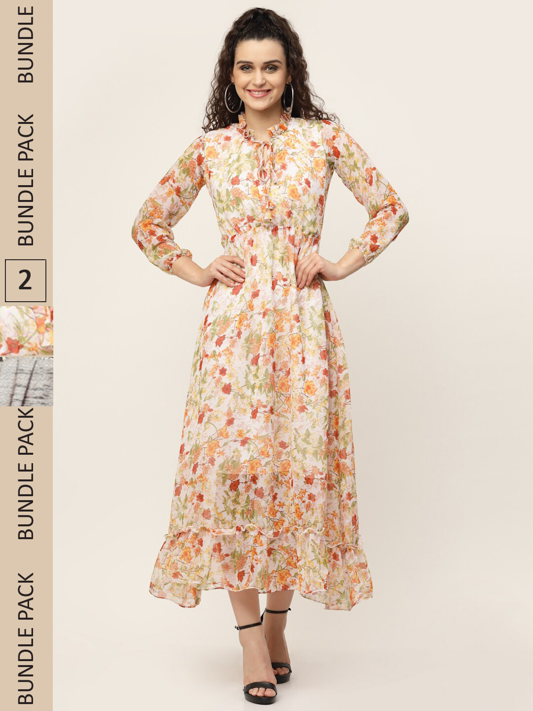 

MISS AYSE Orange & Grey Pack Of 2 Floral Printed Tie-Up Neck Georgette Midi Dress