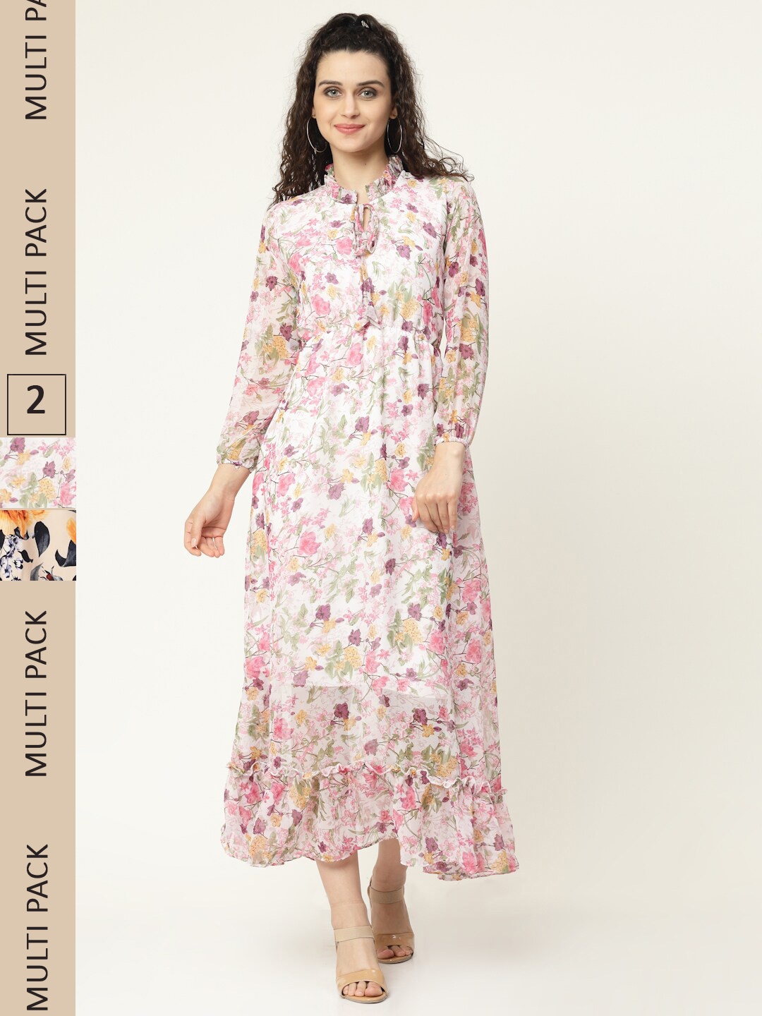 

MISS AYSE Off White & Orange Pack Of 2 Floral Printed Georgette Maxi Dress