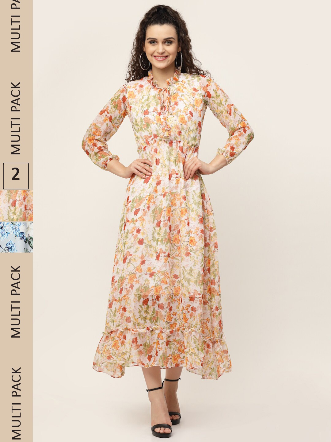

MISS AYSE Multicoloured Floral Tie-Up Neck Georgette Maxi Midi Dress, Multi