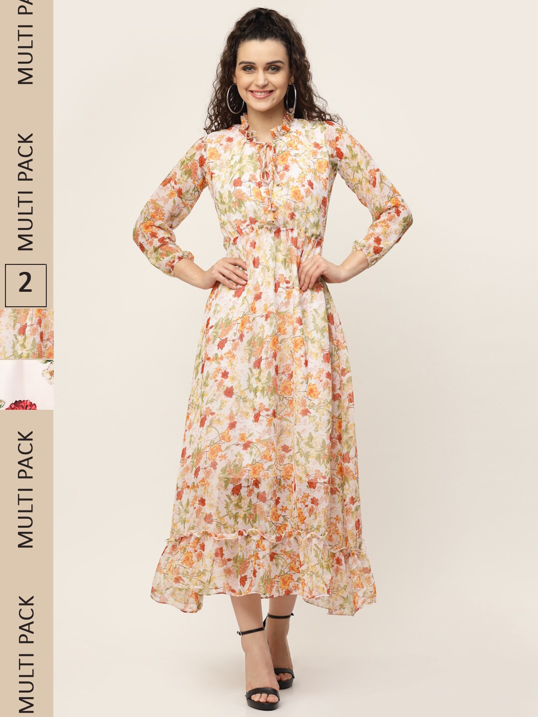 

MISS AYSE Multicoloured Floral Tie-Up Neck Georgette Maxi Midi Dress, Multi