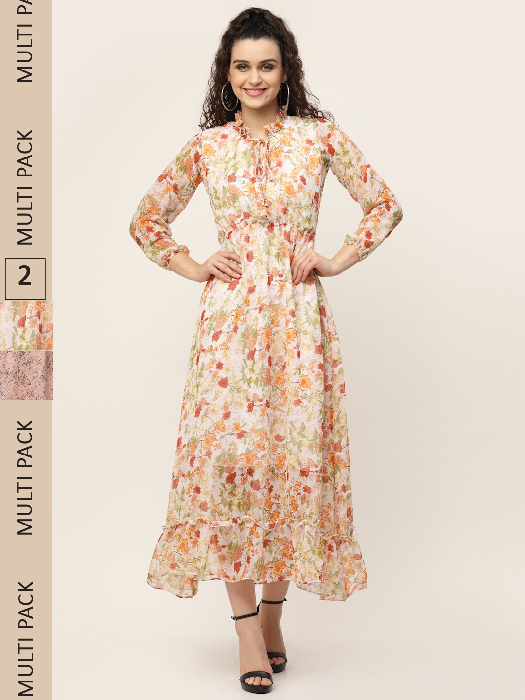 

MISS AYSE Multicoloured Floral Tie-Up Neck Georgette Maxi Midi Dress, Multi
