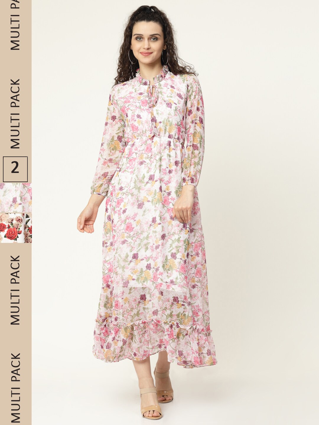 

MISS AYSE Pack Of 2 White & Red Floral Tie-Up Neck Georgette Maxi Dress
