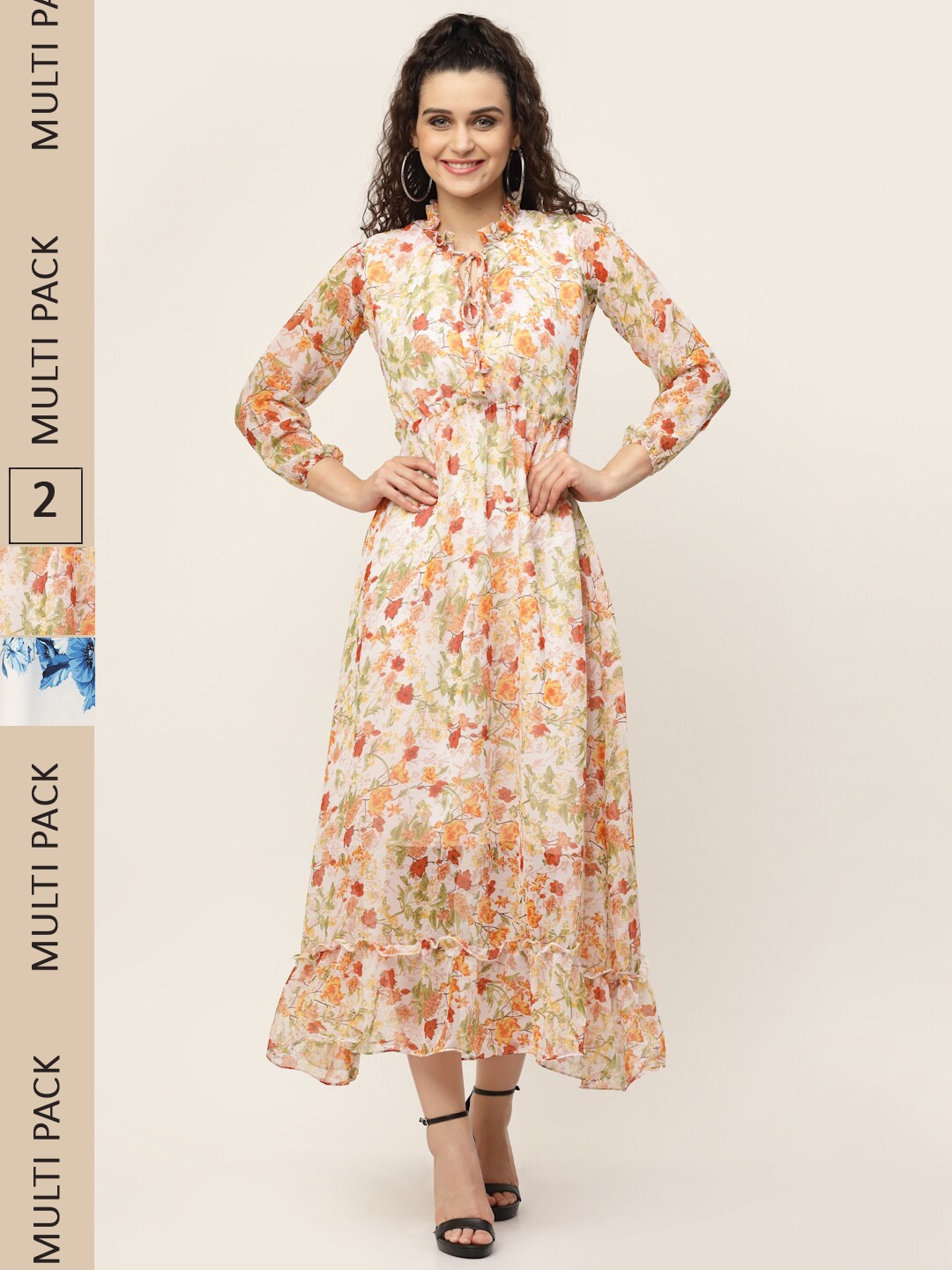 

MISS AYSE Pack Of 2 Off White & Blue Floral Tie-Up Neck Georgette Maxi Dress