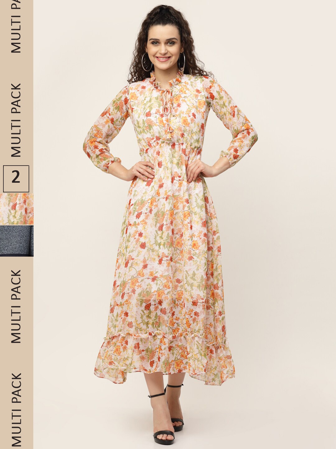 

MISS AYSE Pack Of 2 Beige & Navy Blue Floral Tie-Up Neck Georgette Maxi Dress