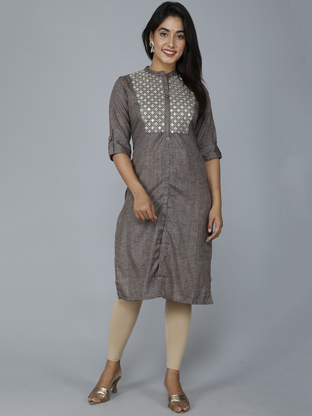 

HERE&NOW Women Brown Pure Cotton Ethnic Motifs Mirror Work Kurta