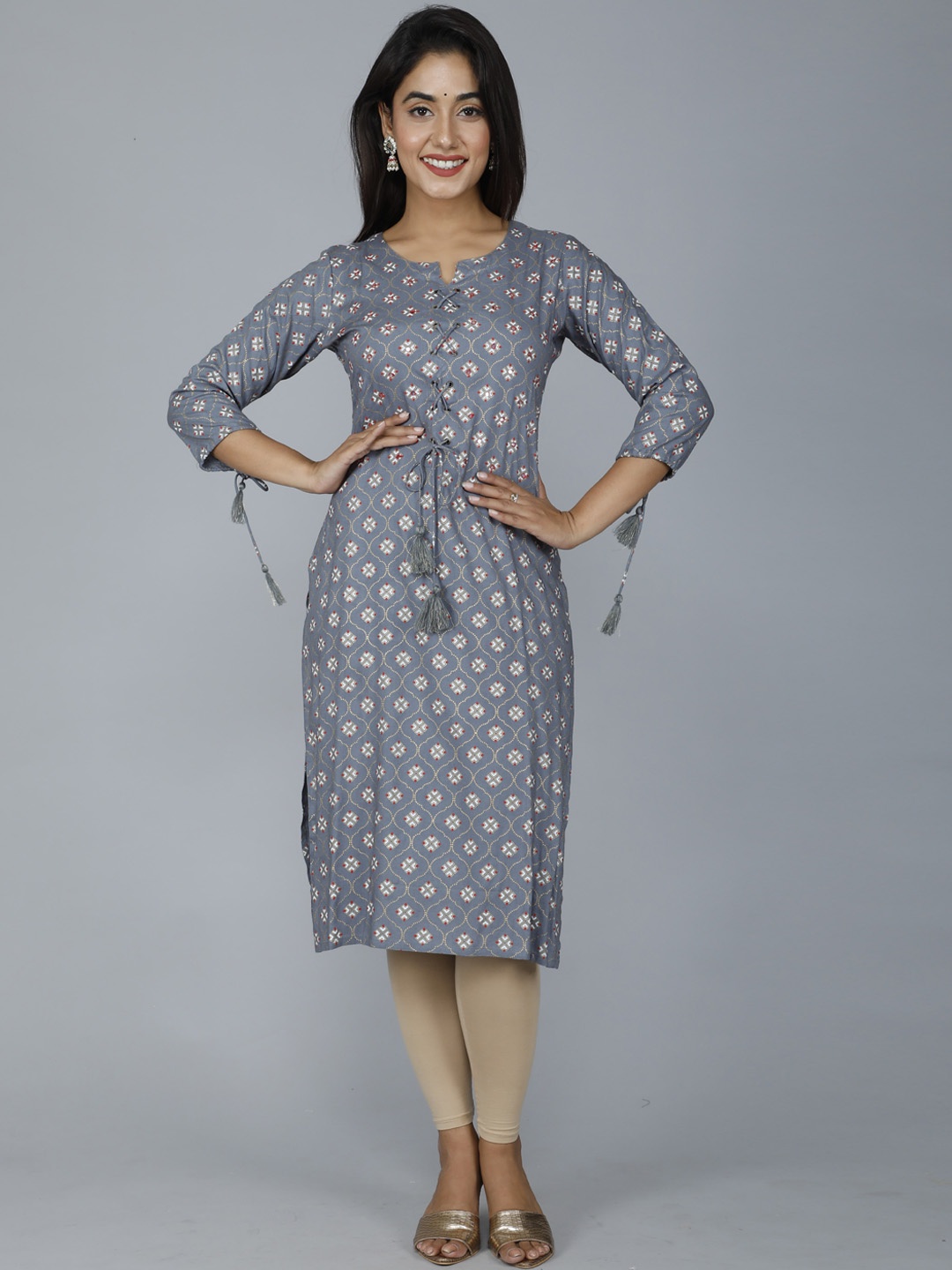 

HERE&NOW Women Grey Ethnic Motifs Printed Mirror Work Kurta