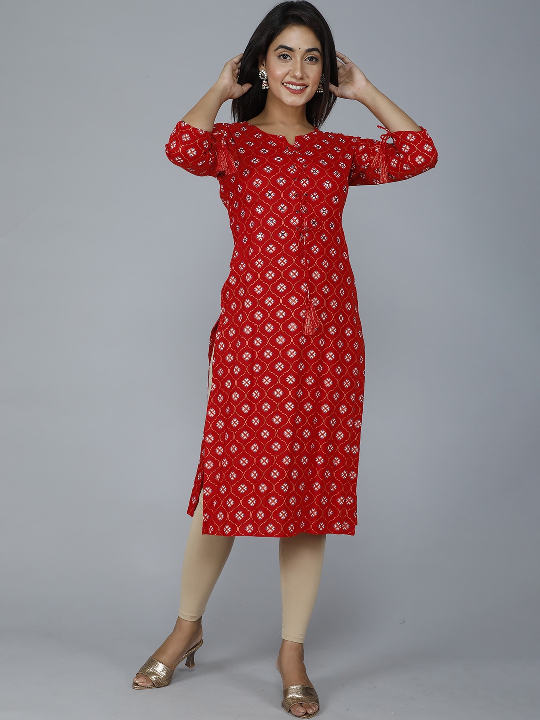 

HERE&NOW Women Red Ethnic Motifs Printed Mirror Work Kurta