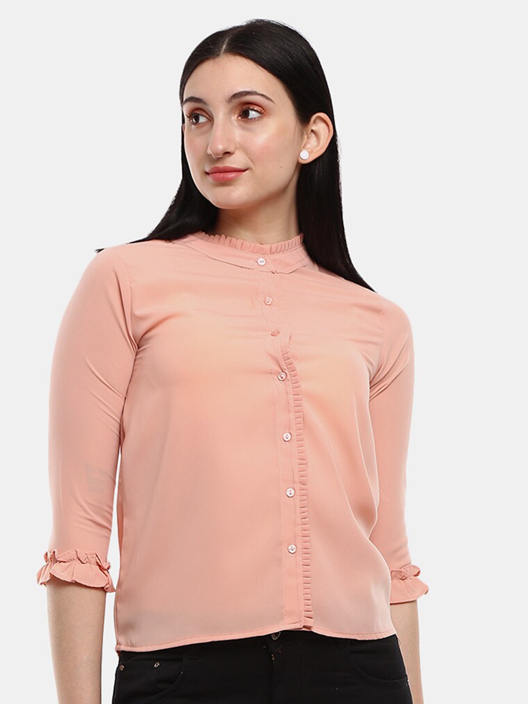 

V-Mart Women Pink Classic Mandarin Collar Casual Shirt