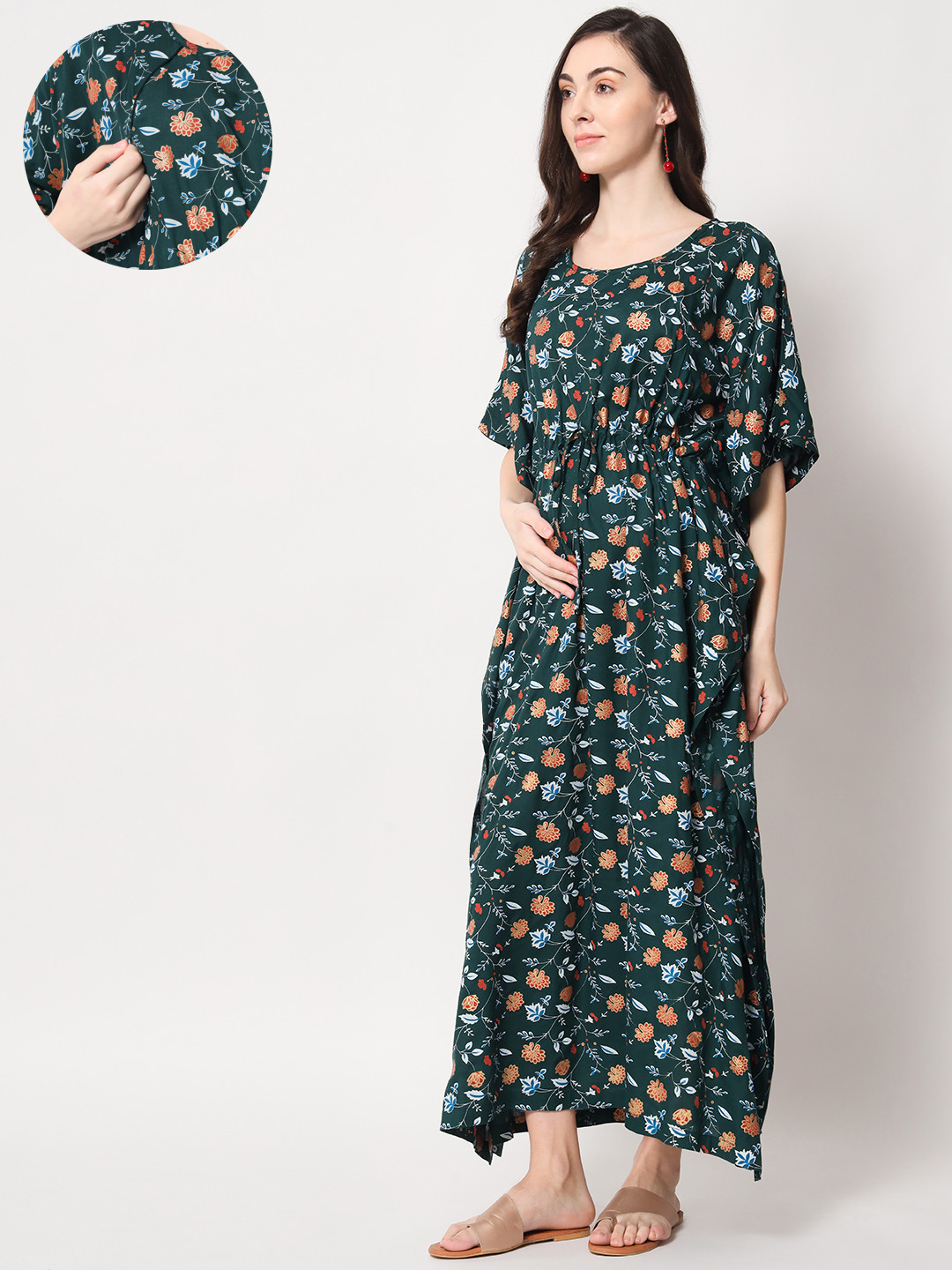 

Aujjessa Green & Orange Floral Maternity Kaftan Maxi Dress