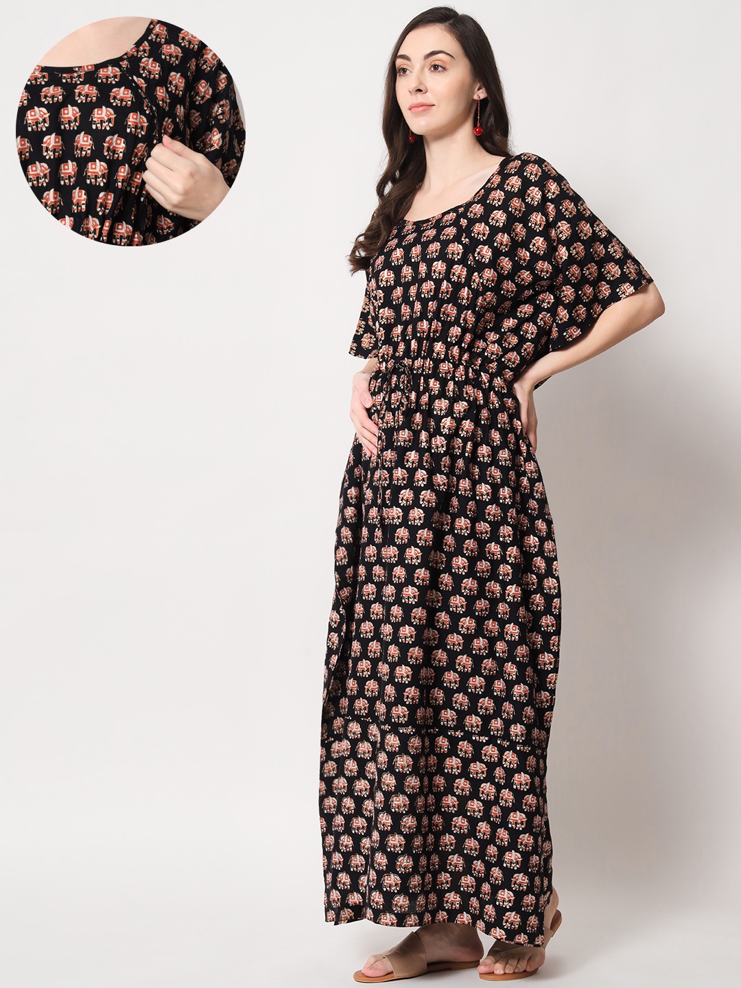

Aujjessa Black & Peach-Coloured Ethnic Motifs Printed Maternity Kaftan Maxi Dress