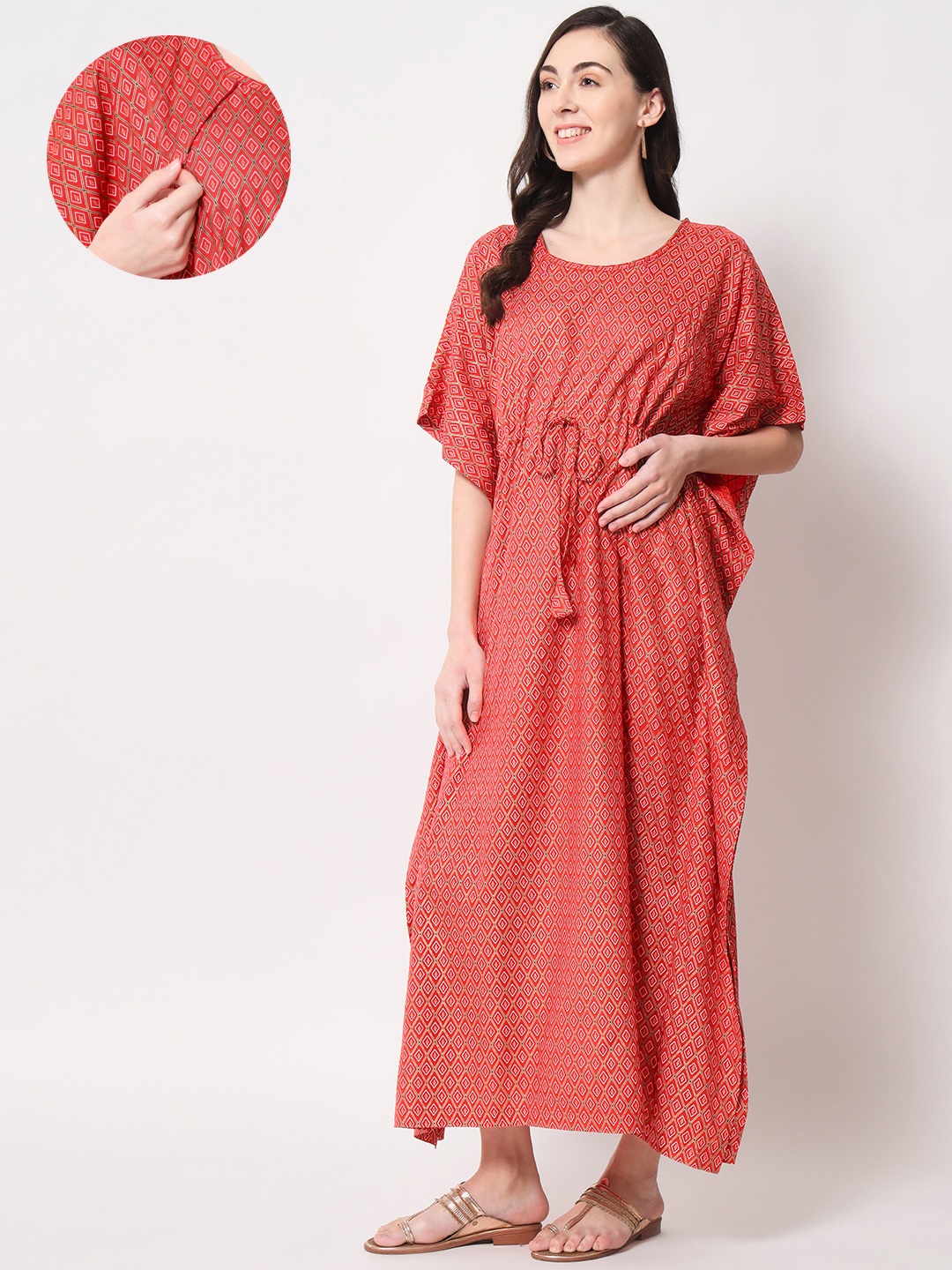 

Aujjessa Red & White Printed Maternity Kaftan Round Neck Maxi Dress