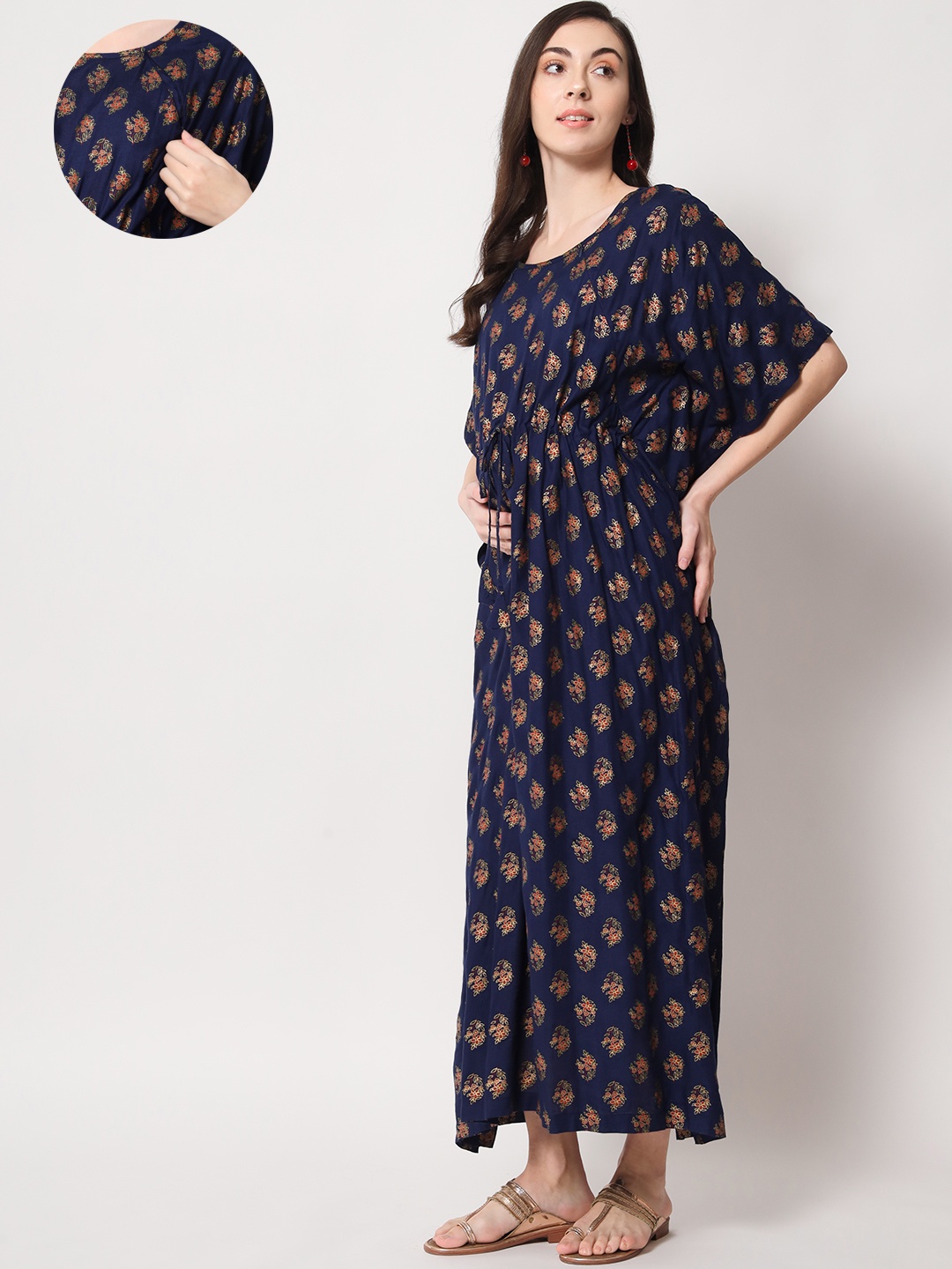 

Aujjessa Navy Blue & Orange Ethnic Motifs Maternity Kaftan Maxi Dress