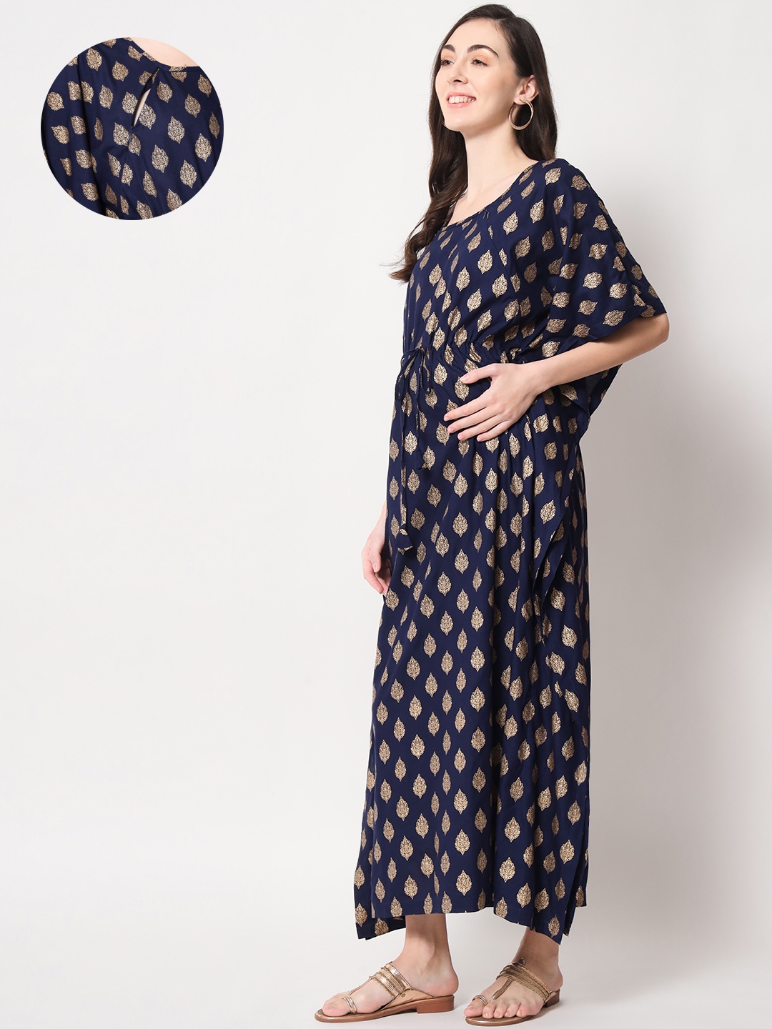 

Aujjessa Blue & Gold-Toned Ethnic Motifs Printed Maternity Kaftan Maxi Dress