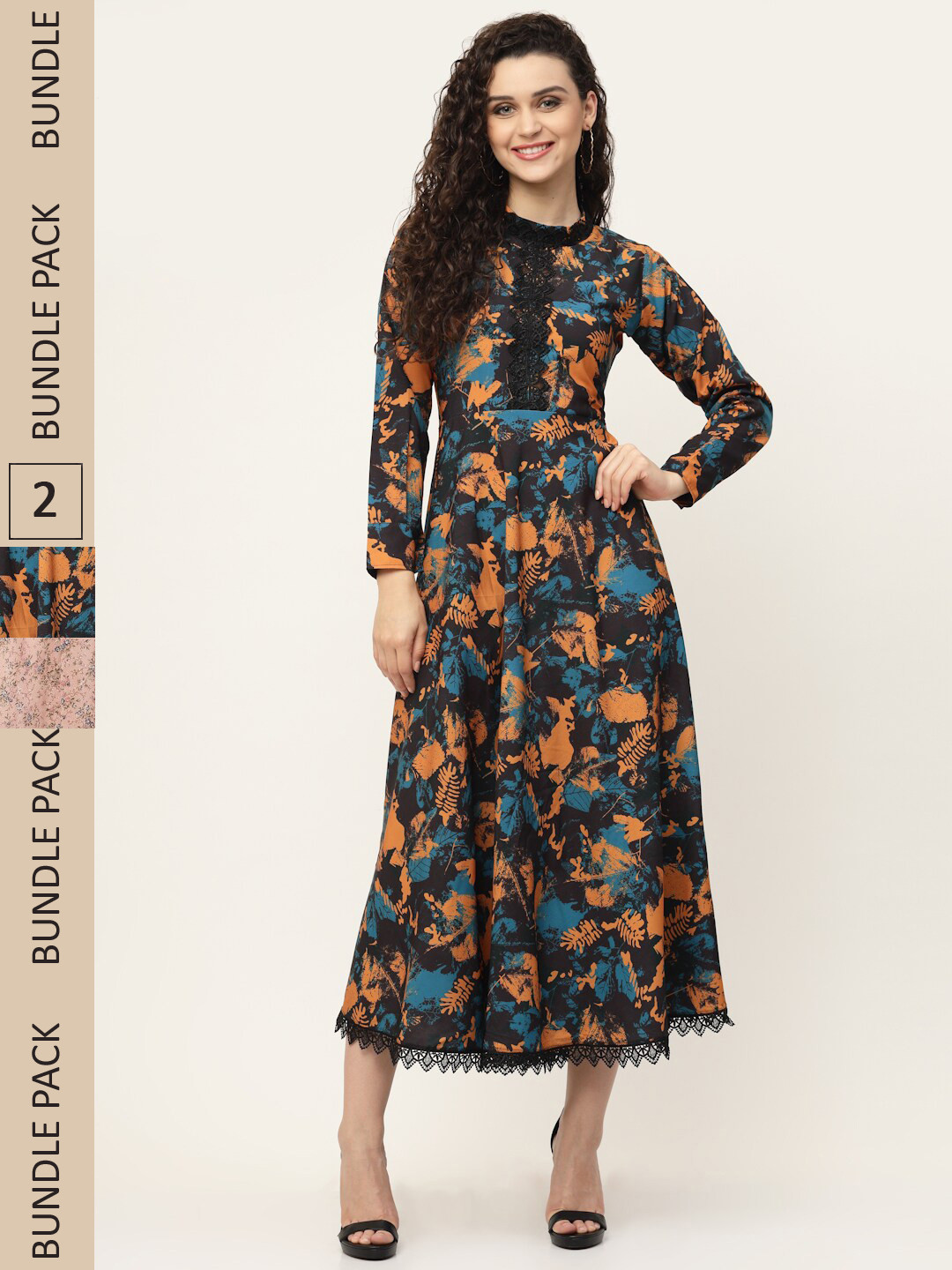 

MISS AYSE Blue & Beige Floral Georgette Ethnic Midi Dress Pack of 2