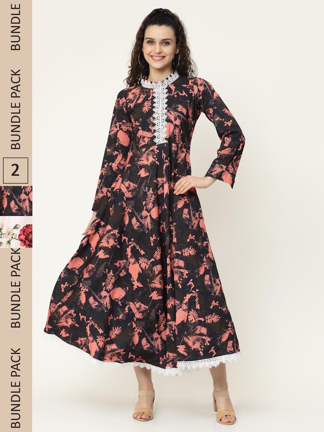 

MISS AYSE Brown & Off White Floral Ethnic Midi Dress Pack of 2
