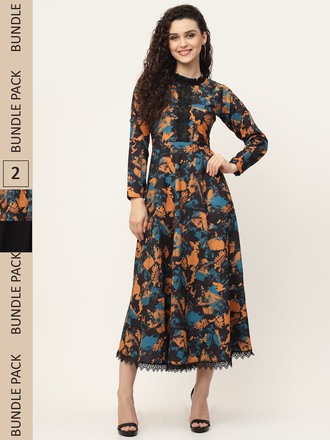 

MISS AYSE Navy Blue & Orange Floral Georgette Midi Dress Pack of 2