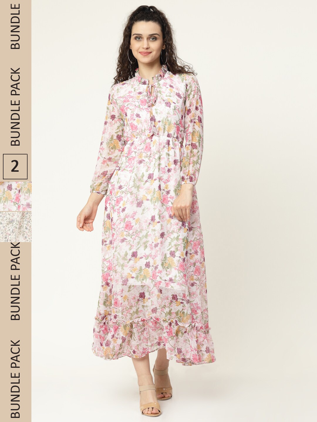 

MISS AYSE Pink & Off White Floral Georgette Maxi Dress Pack of 2