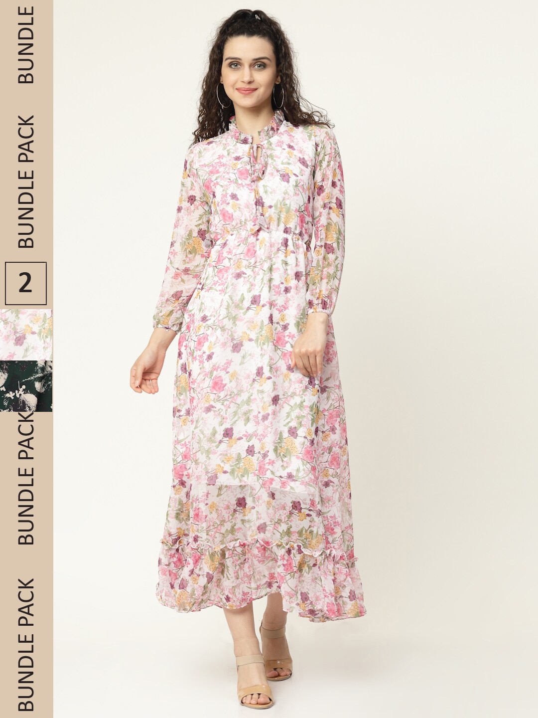 

MISS AYSE White & Black Pack Of 2 Floral Printed Georgette Maxi Dress