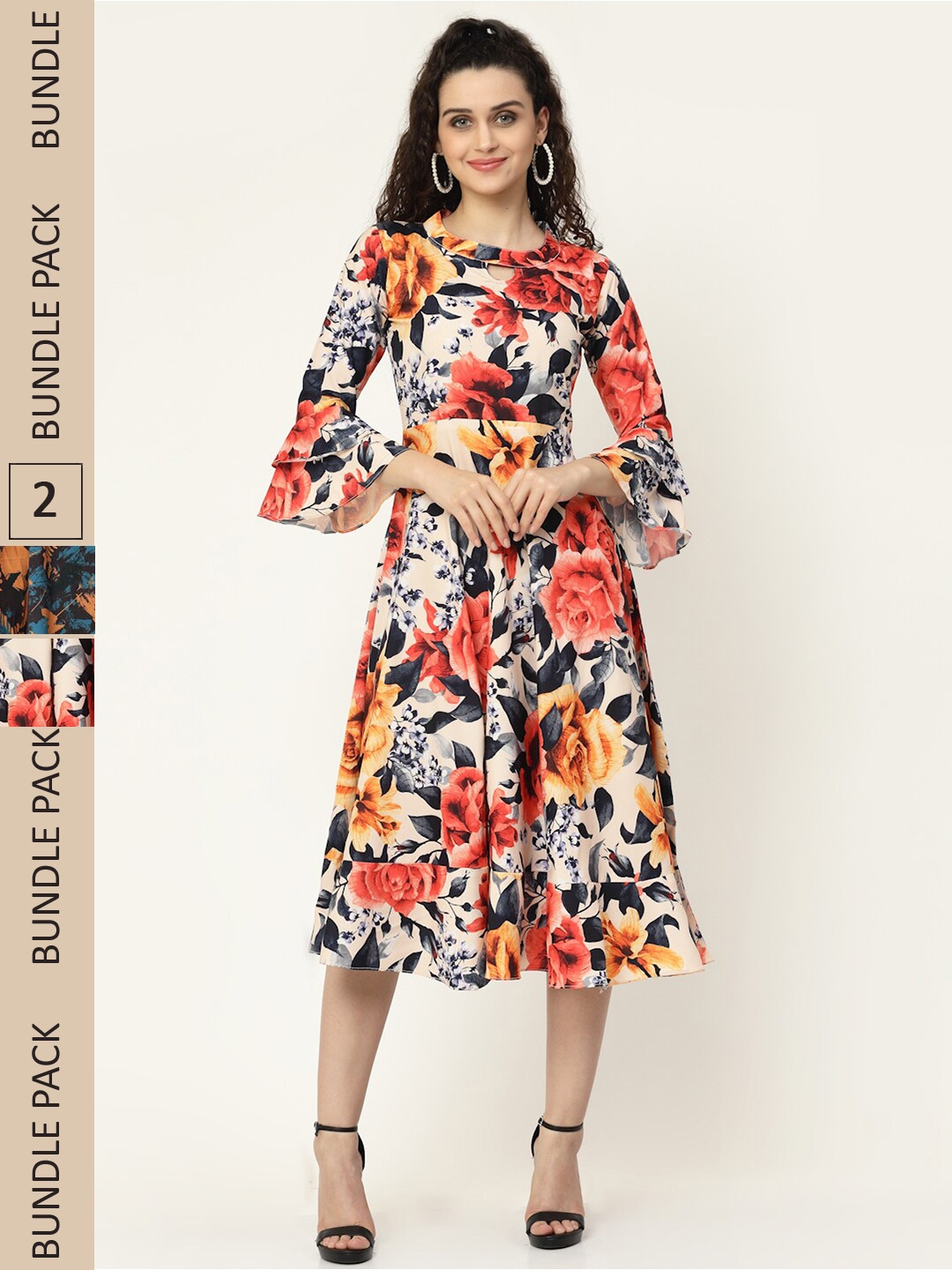 

MISS AYSE Off White & Black Pack Of 2 Floral Printed Midi Dress