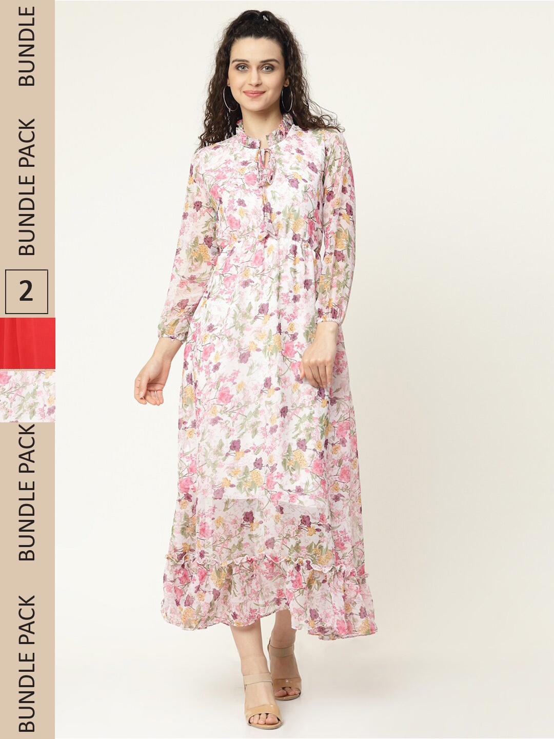 

MISS AYSE White & Red Pack Of 2 Floral Printed Tie-Up Neck Georgette Maxi Dress