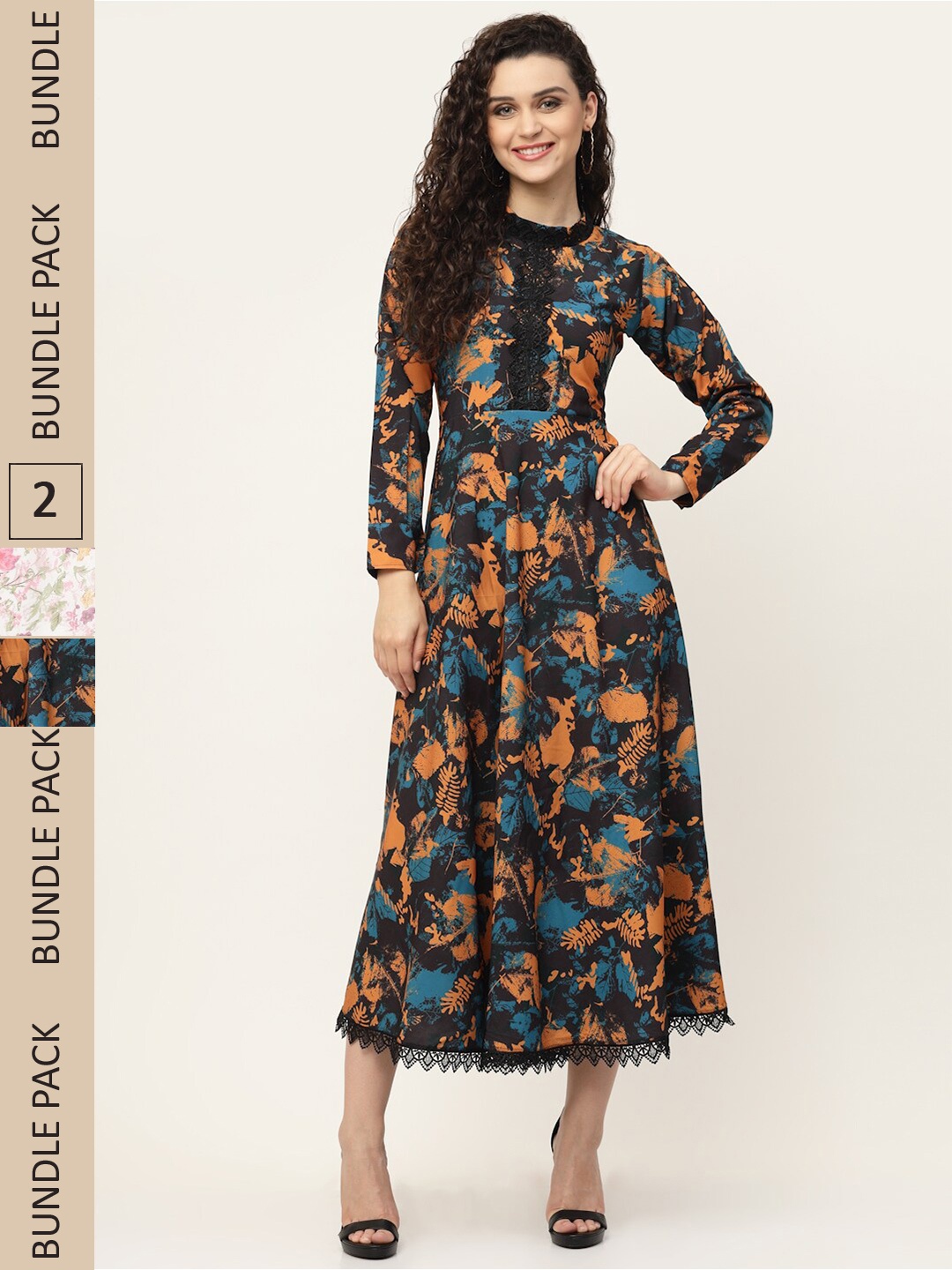 

MISS AYSE Pack Of 2 Black & Off White Floral Tie-Up Neck Georgette Maxi Dress