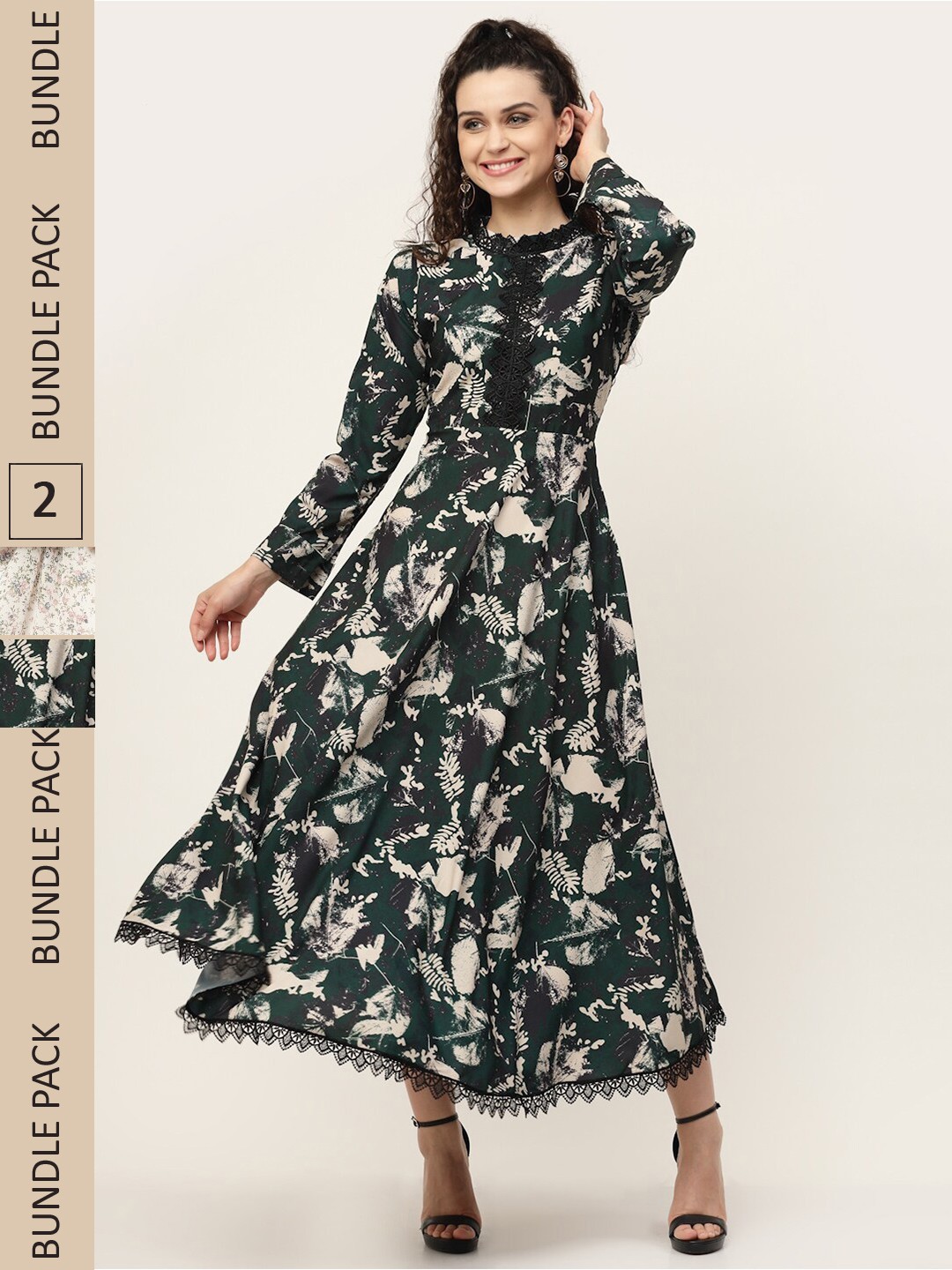 

MISS AYSE Pack Of 2 Green & Off White Floral Tie-Up Neck Georgette Maxi Dress
