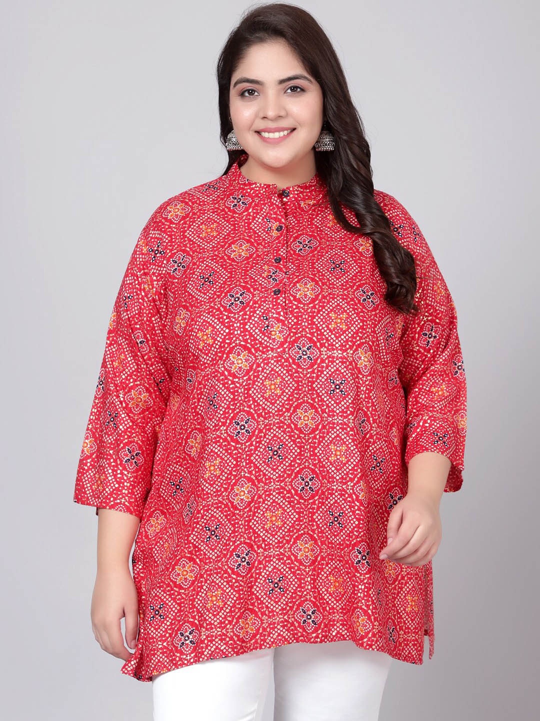 

Indietoga Plus Size Ethnic Motifs Bandhani Printed Straight Regular Kurta, Red