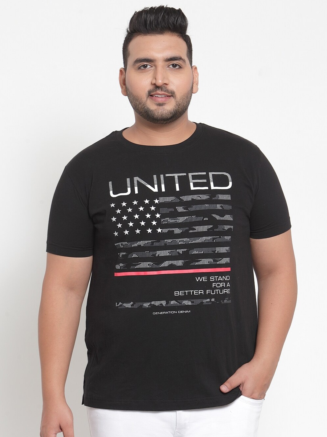 

plusS Men Plus Size Black Printed Cotton T-shirt