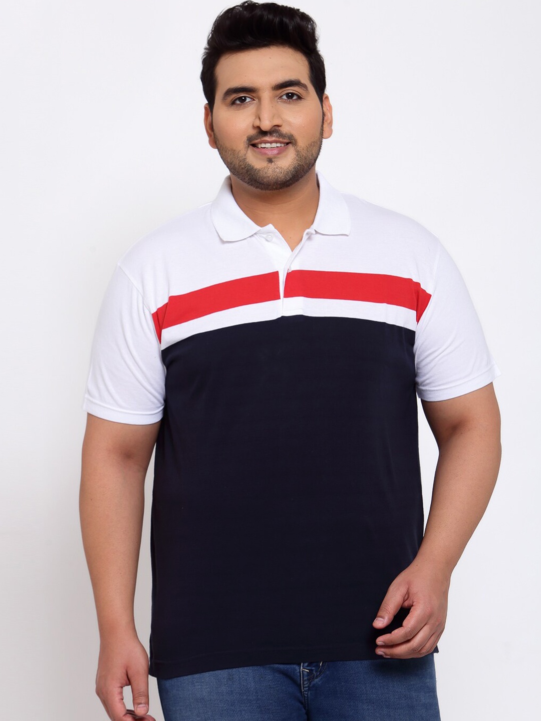 

plusS Men Plus Size White & Red Colourblocked Polo Collar Cotton T-shirt