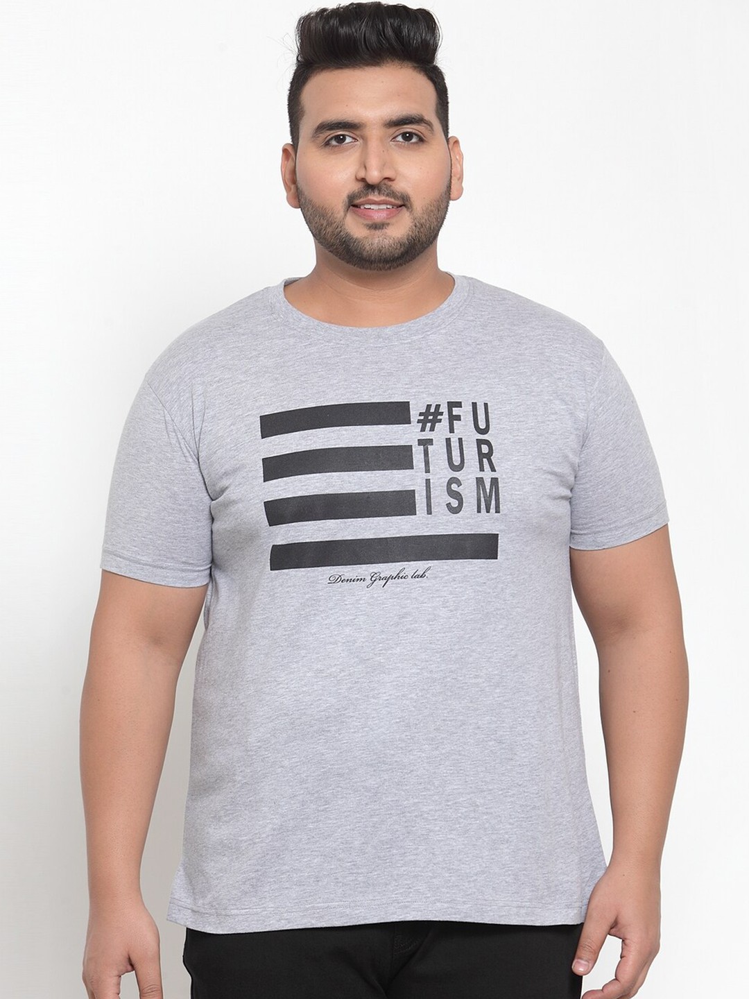 

plusS Men Plus Size Grey & Black Graphic Printed T-shirt