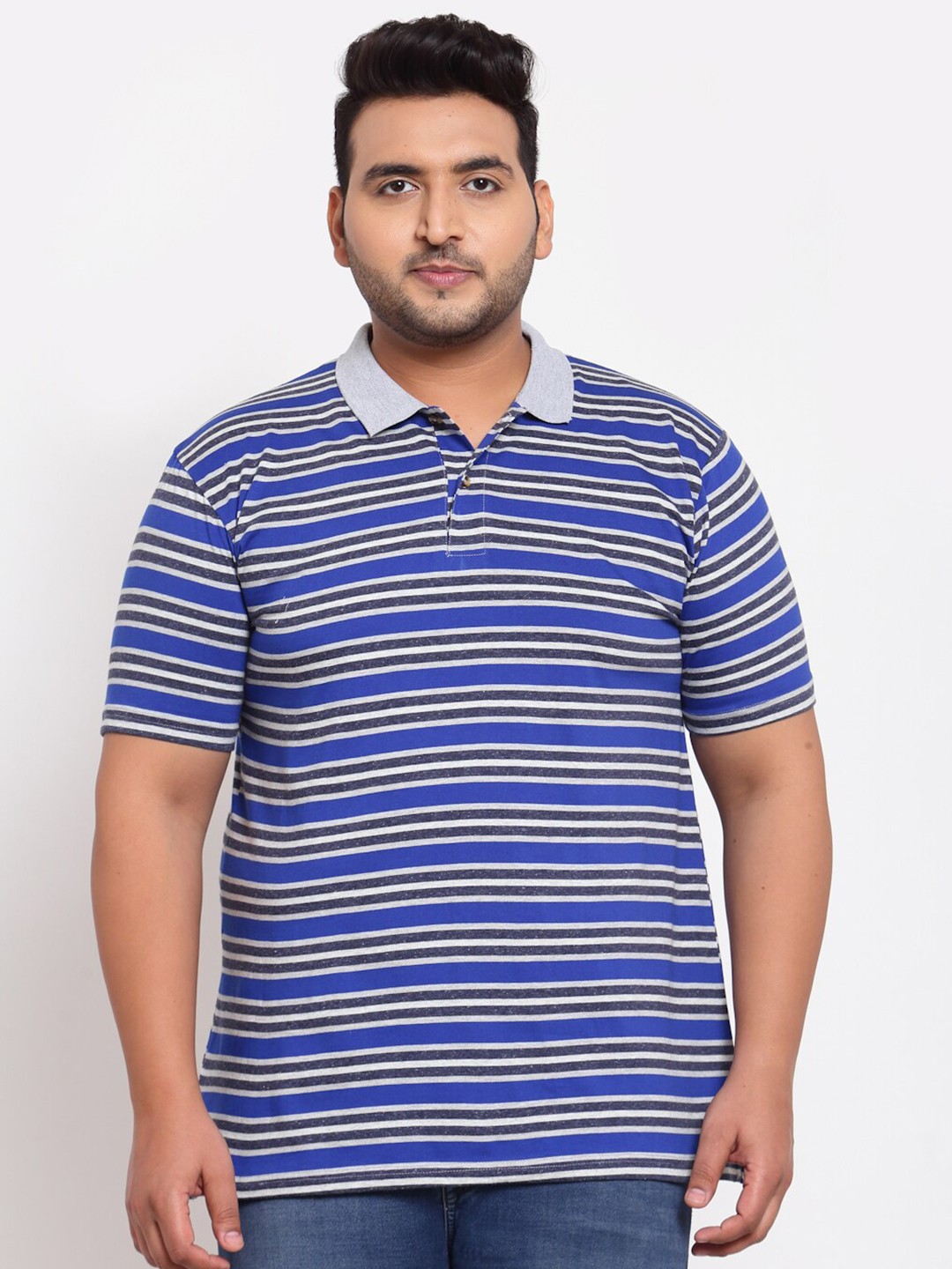

plusS Men Plus Size Blue & Grey Striped Polo Collar Cotton T-shirt