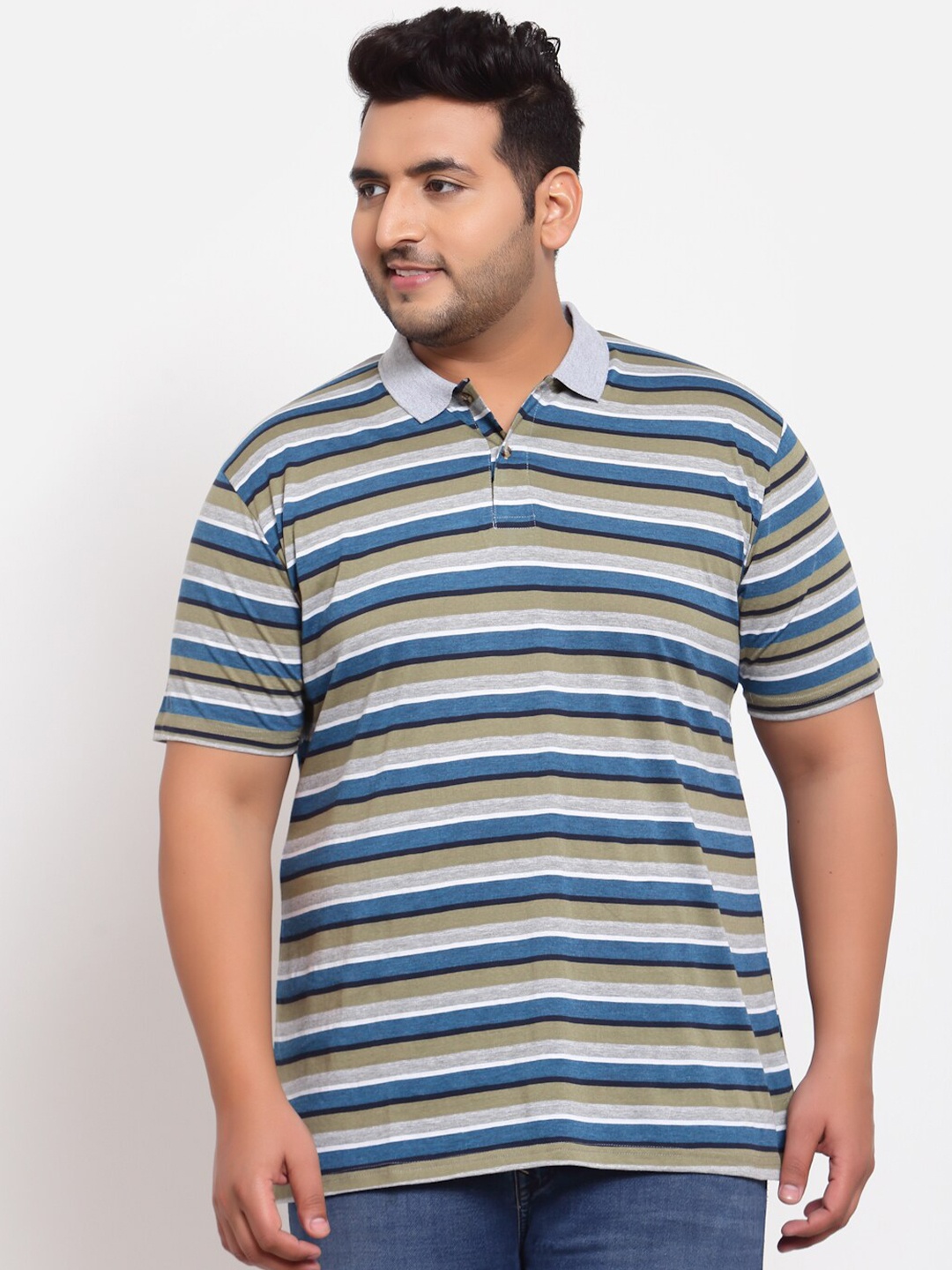 

plusS Men Plus Size Blue & Grey Striped Polo Collar Cotton T-shirt