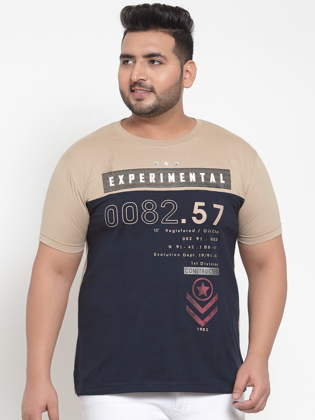 

plusS Men Plus Size Beige & Black Typography Printed Cotton T-shirt