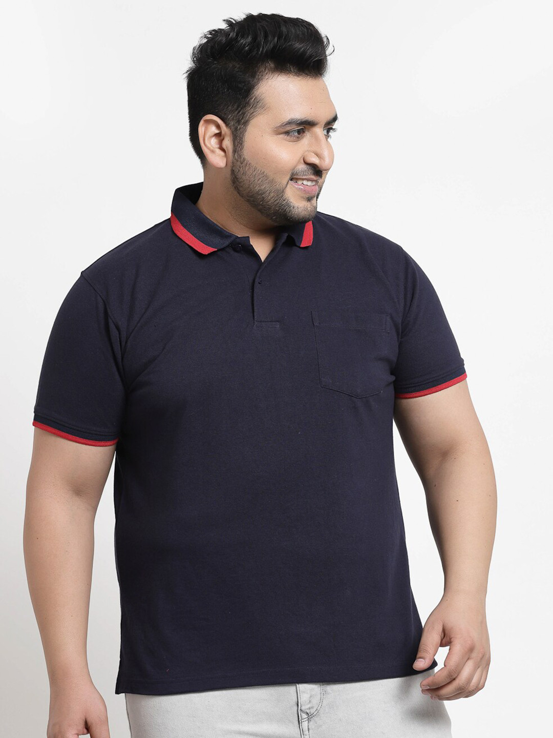 

plusS Men Plus Size Navy Blue & Red Polo Collar Cotton T-shirt