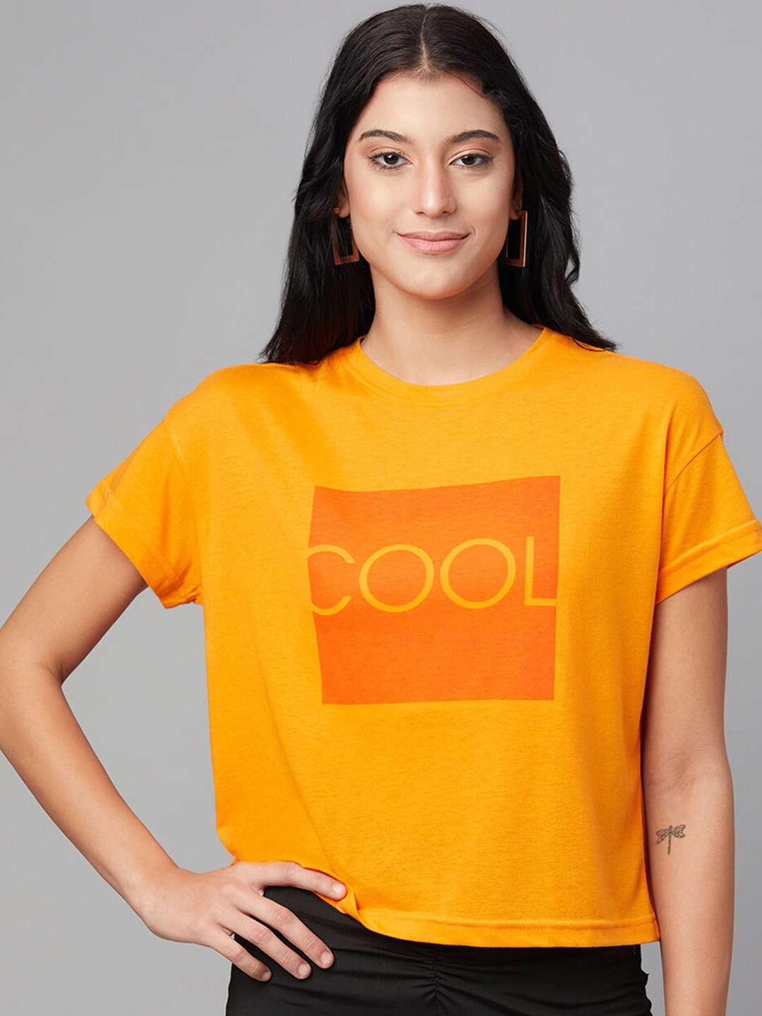 

Club York Women Orange Typography Printed Cotton T-shirt