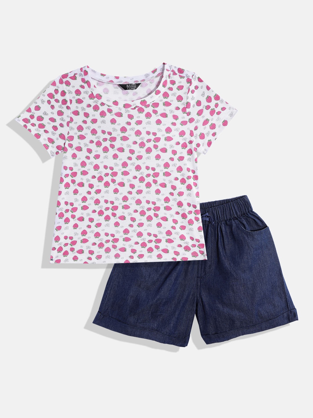 

HERE&NOW Girls White & Pink Printed Cotton Top with Shorts