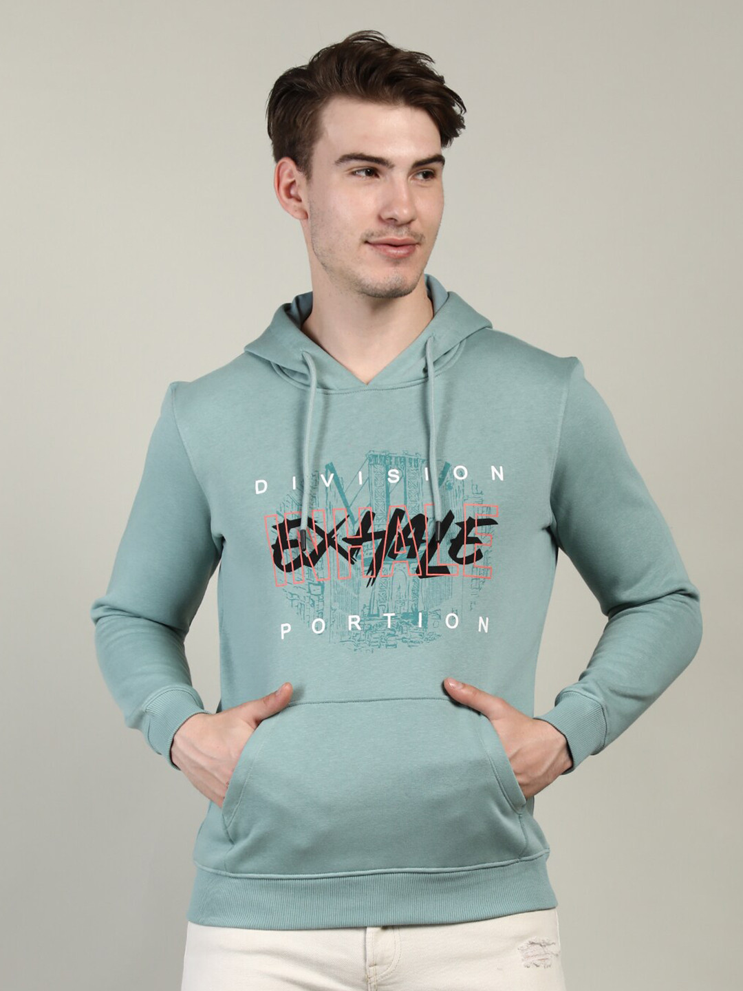 

Plagg Men Green Printed Cotton Hooded Sweatshirt