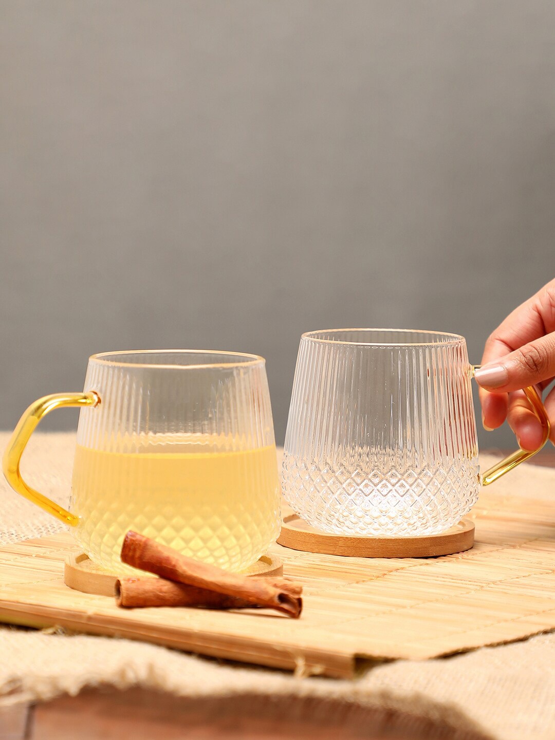 

Bonhomie Set of 2 Transparent & Yellow Textured Glass Cups 200 ML Each