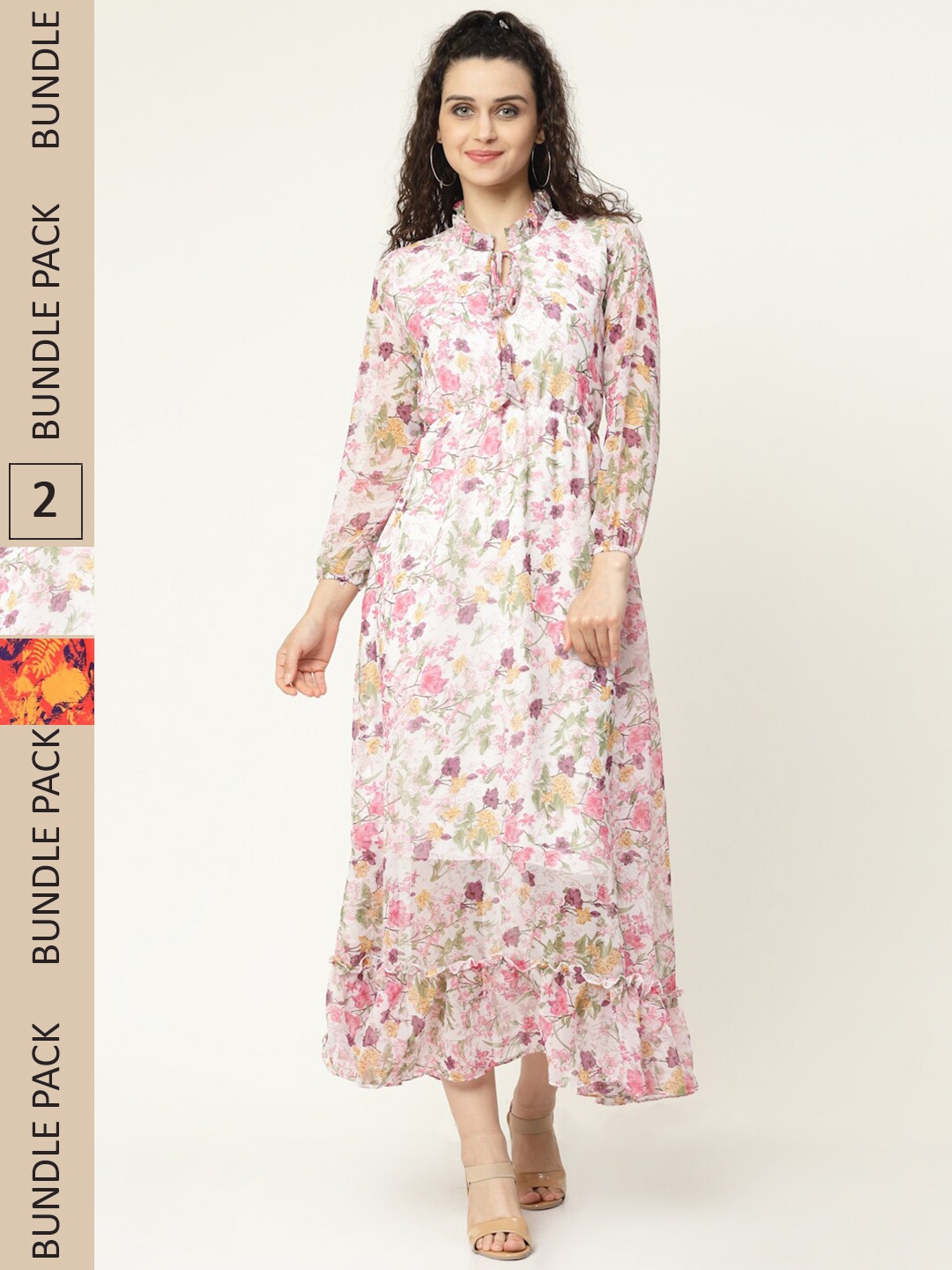 

MISS AYSE Pack Of 2 Off White & Orange Floral Georgette Maxi Dress