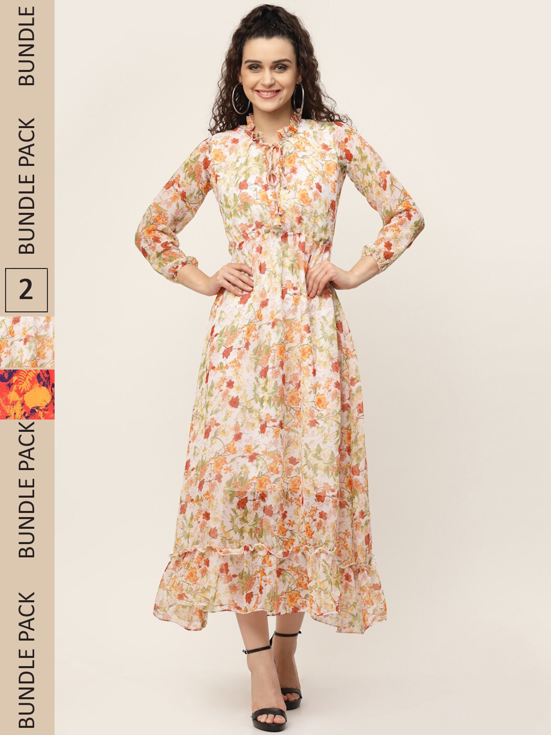 

MISS AYSE Pack Of 2 Beige & Orange Floral Georgette Maxi Dress
