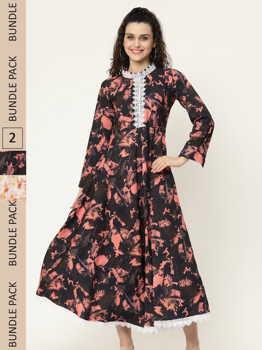 

MISS AYSE Pack of 2 Black & Off White Floral Fit & Flare Midi Dress