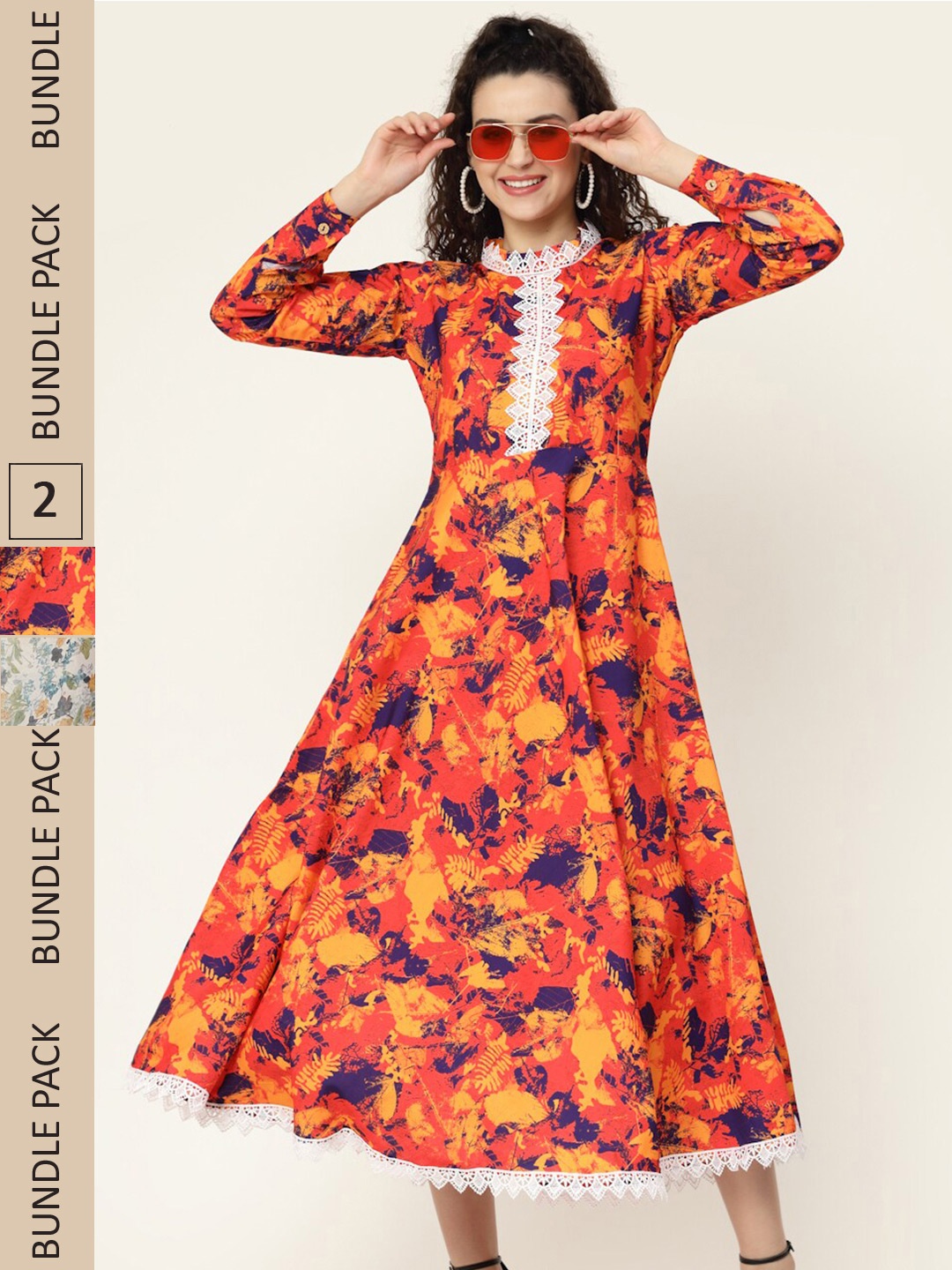 

MISS AYSE Pack of 2 Orange & Off White Floral Midi Dress