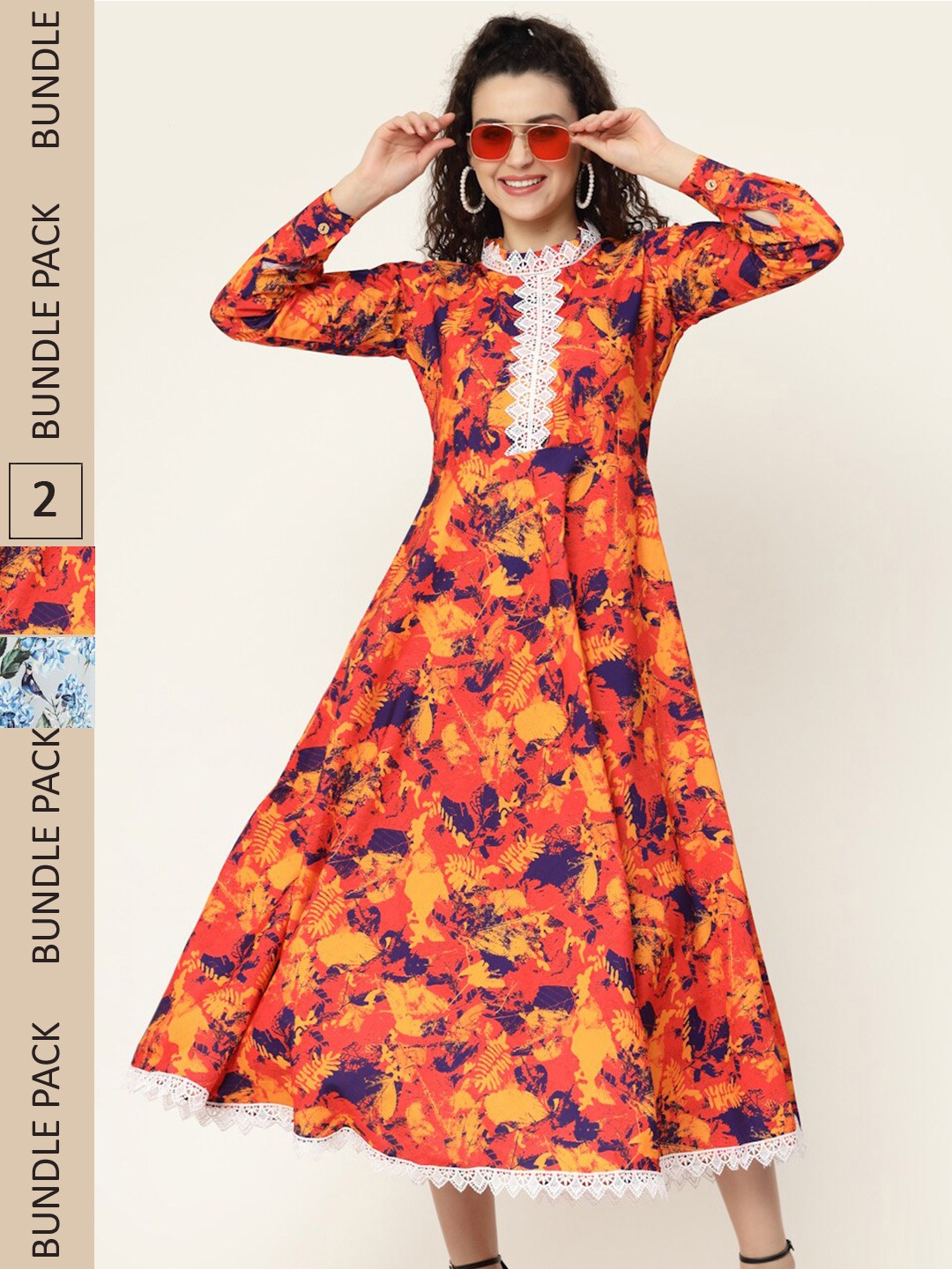 

MISS AYSE Pack of 2 Orange & Blue Floral Midi Dress