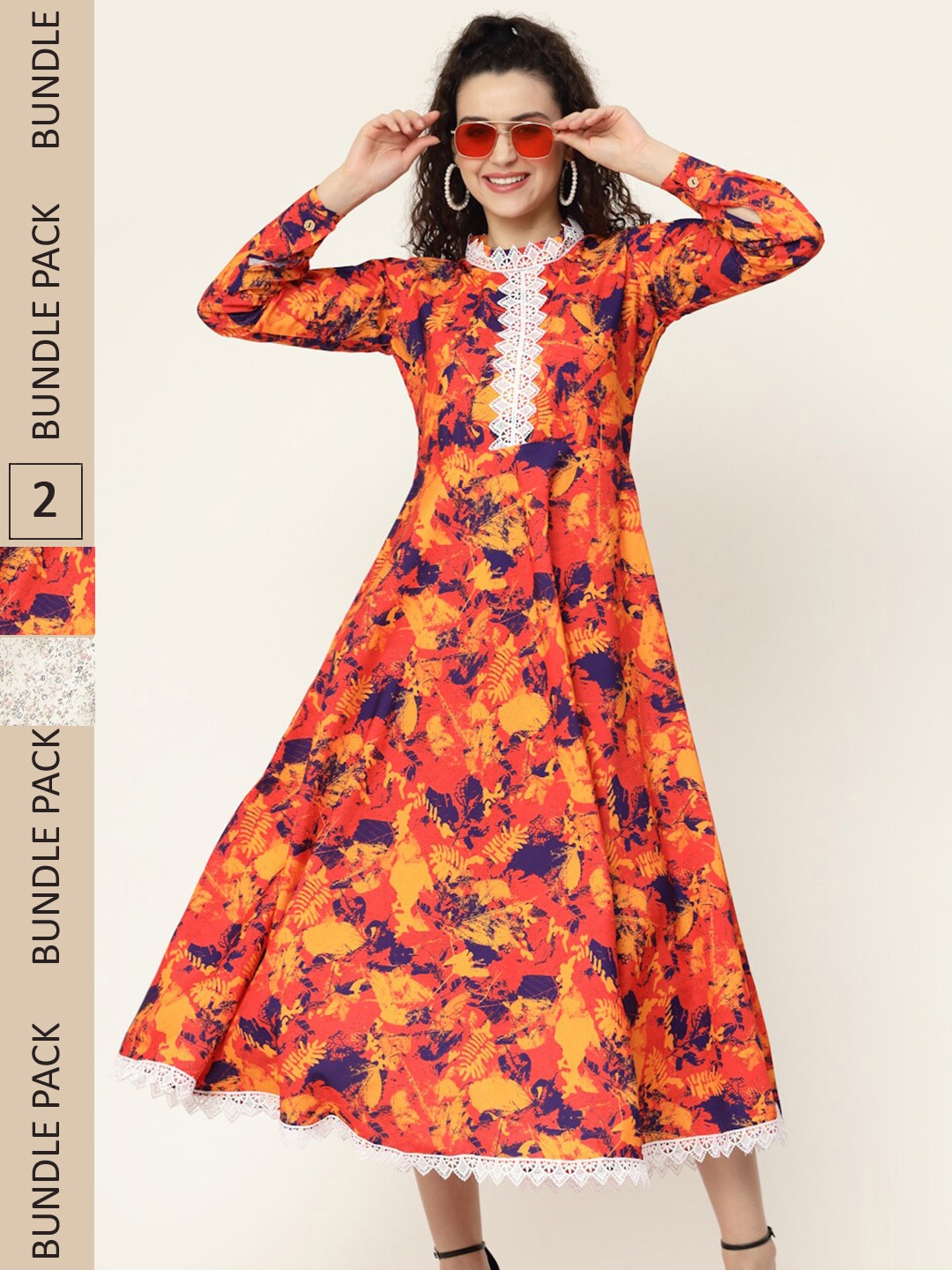 

MISS AYSE Pack of 2 Orange & Off White Floral Midi Dress