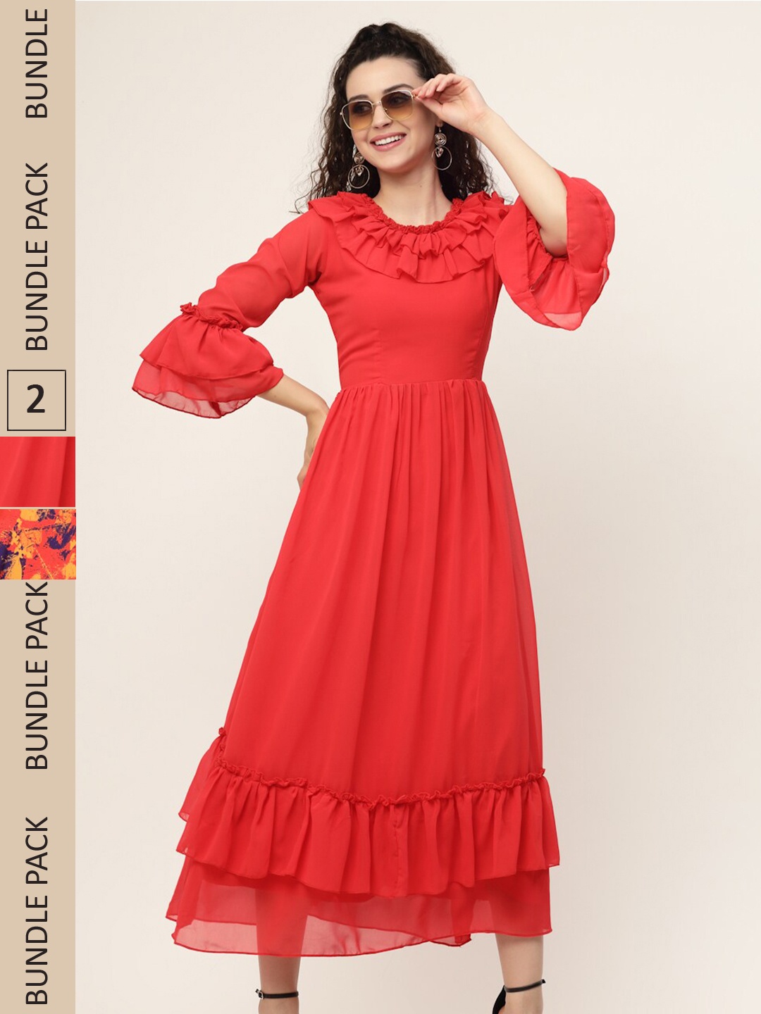 

MISS AYSE Pack of 2 Coral & Orange Ruffled A-Line Midi Dress